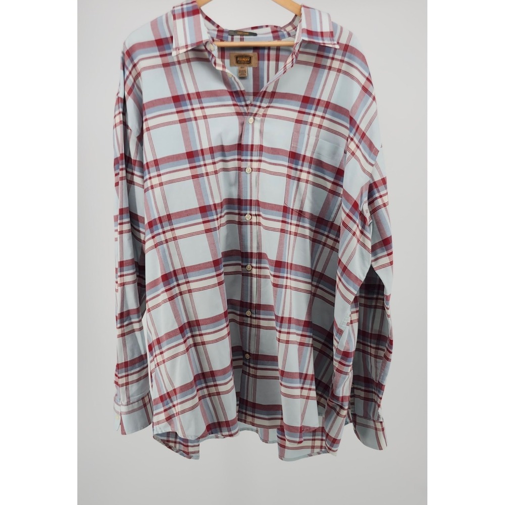 The Foundry Supply Co Mens 3XLT Plaid Button Down Shirt Blue Burgundy Easy Care